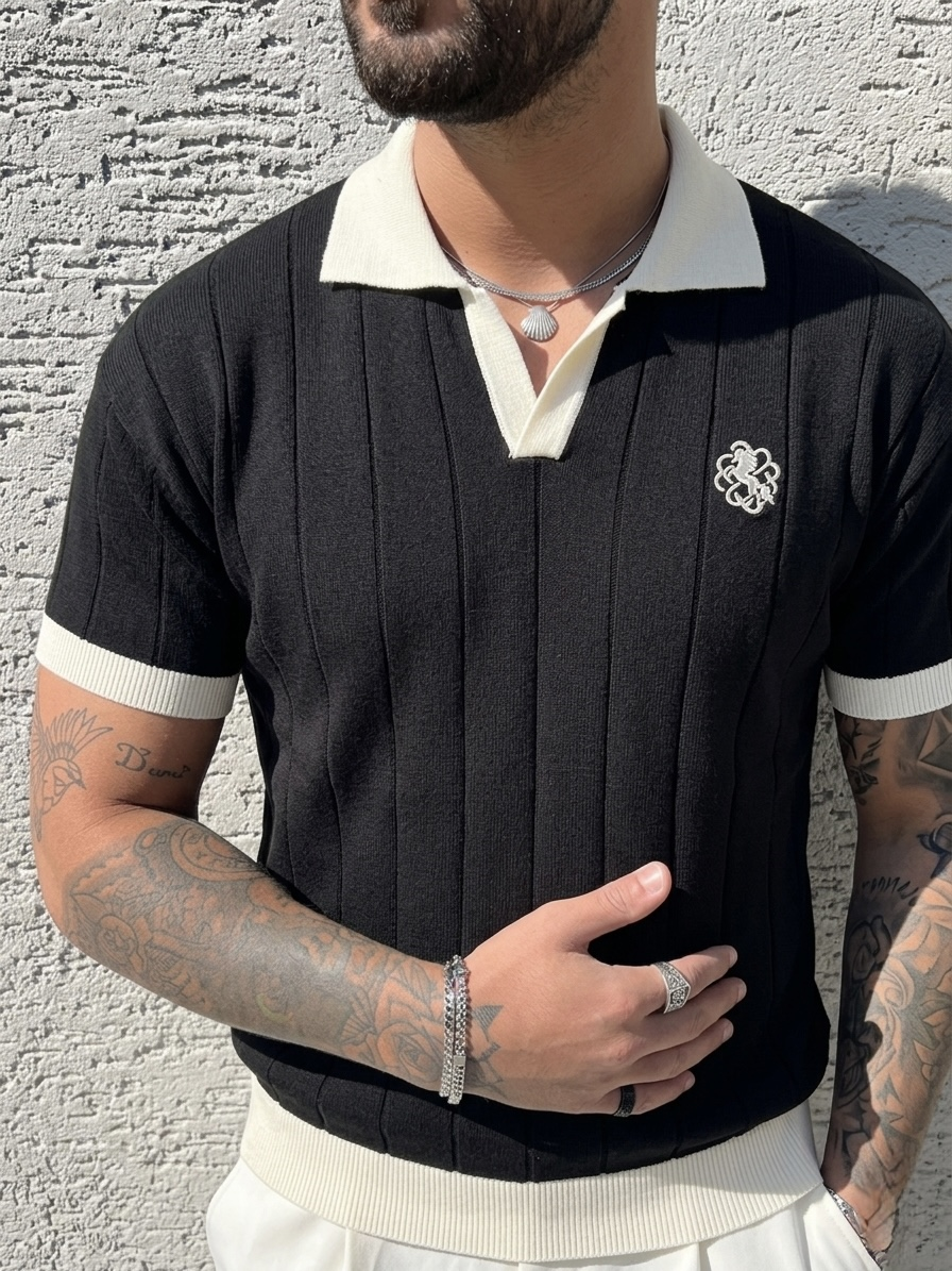 Nakışlı Renk Geçişli Polo Yaka Triko Tshirt Siyah