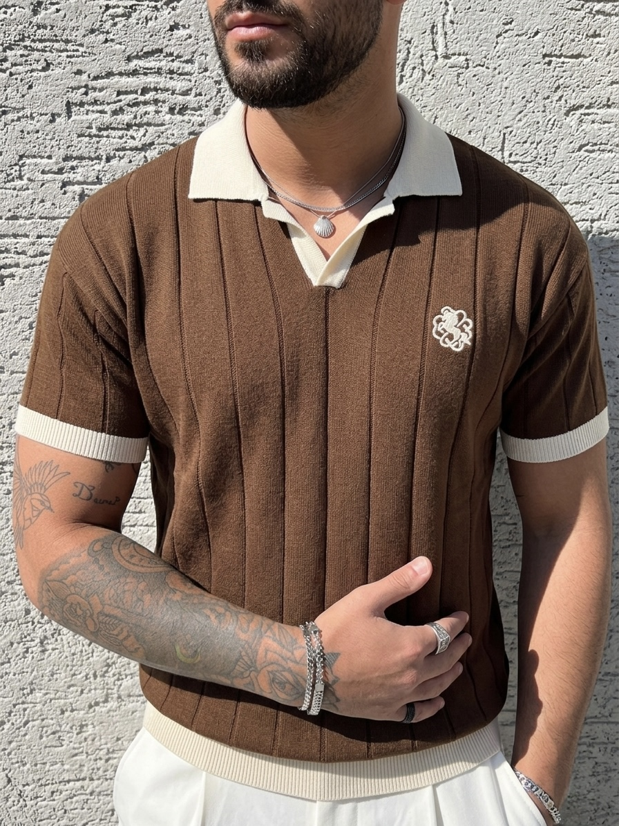Nakışlı Renk Geçişli Polo Yaka Triko Tshirt Kahve