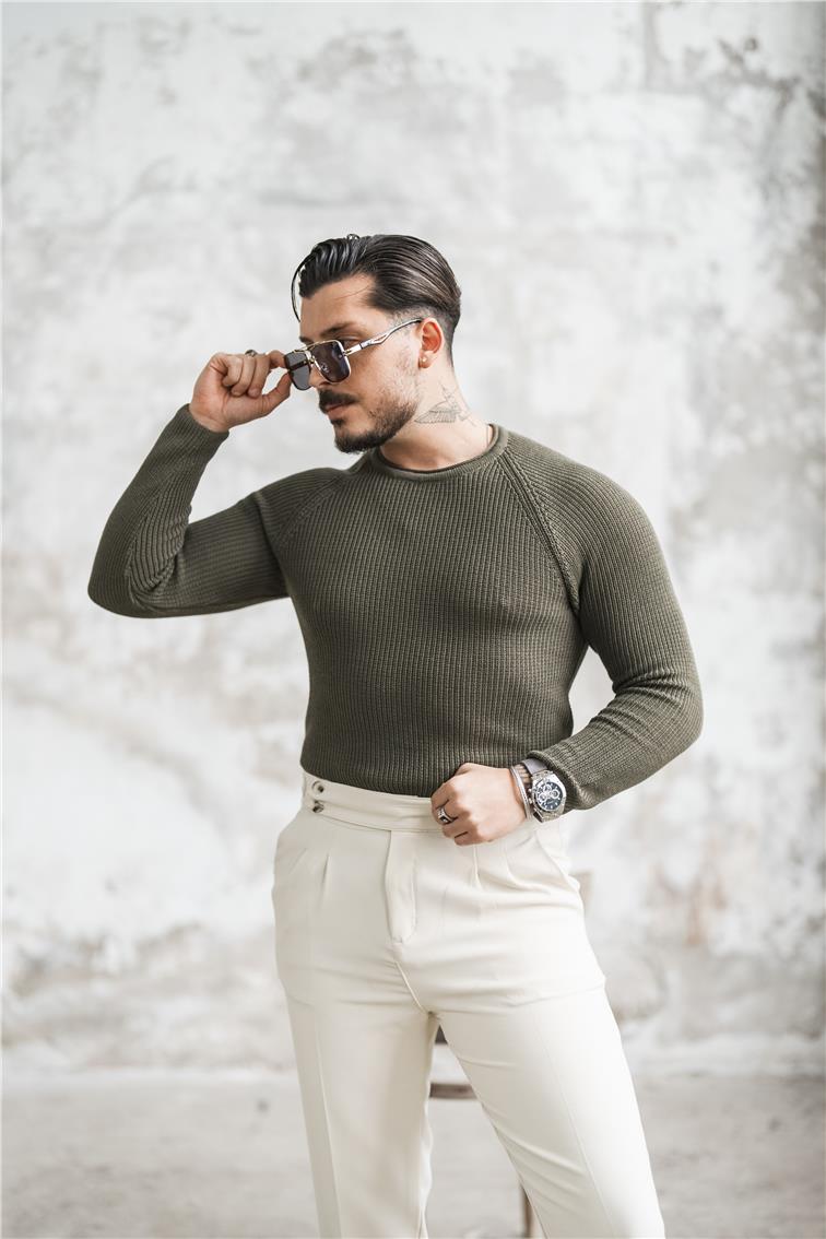 Omuz Detay Örgülü Kazak Haki