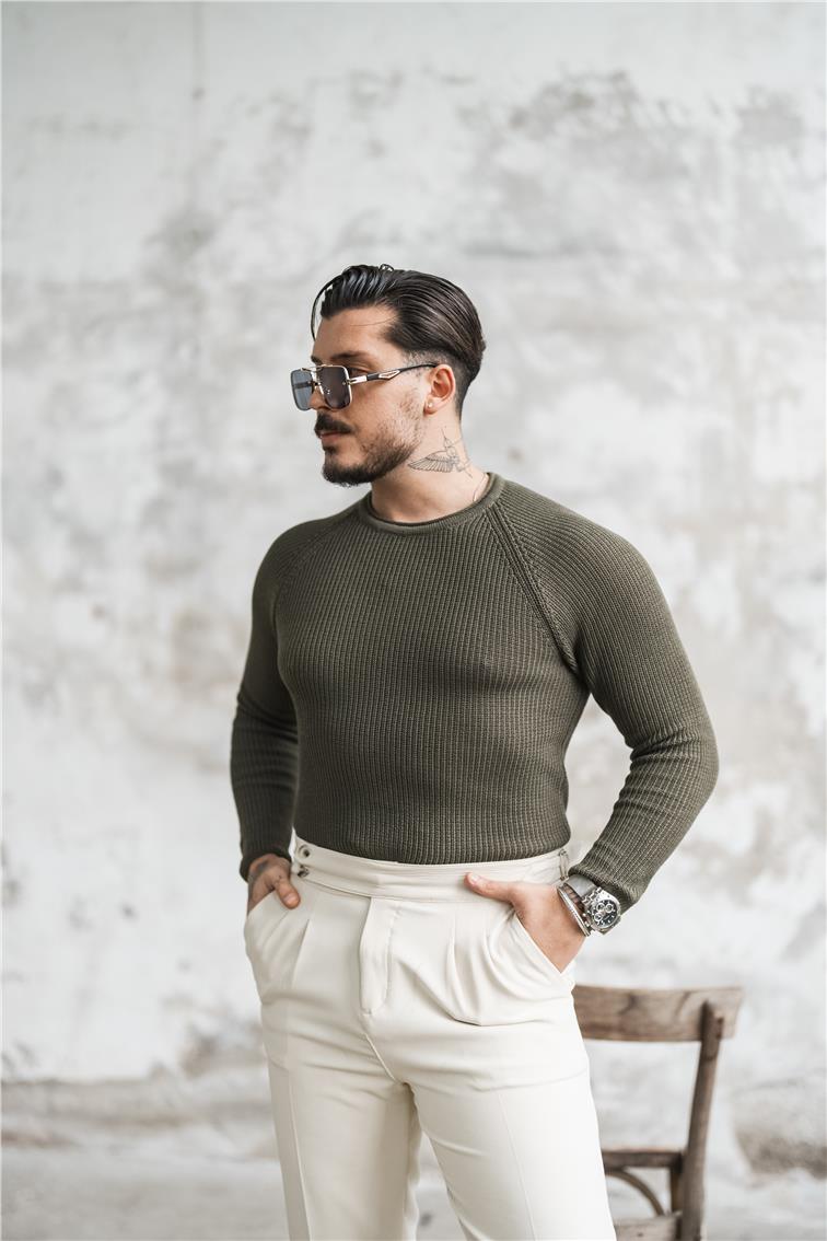 Omuz Detay Örgülü Kazak Haki