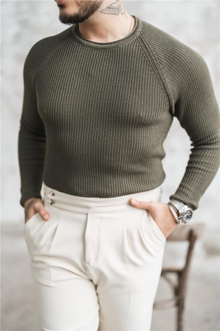 Omuz Detay Örgülü Kazak Haki