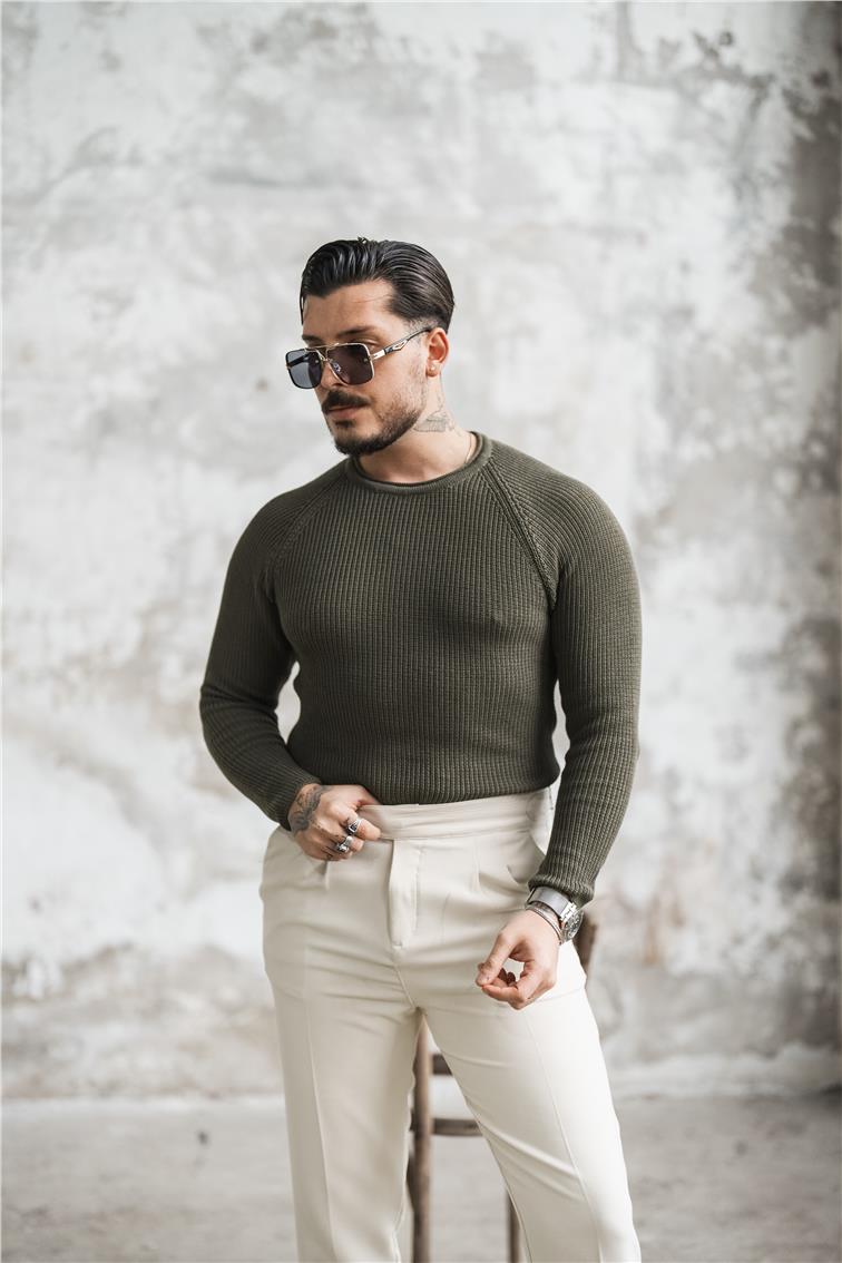 Omuz Detay Örgülü Kazak Haki