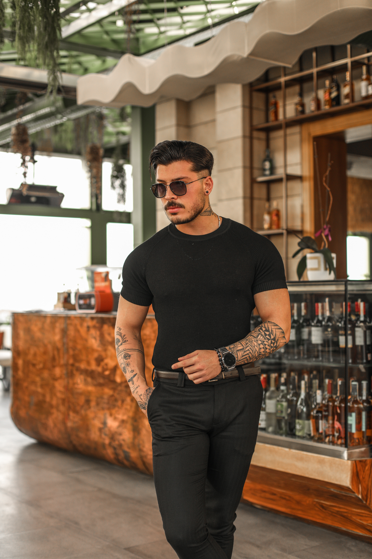 Omuz Detay Triko Tshirt Siyah