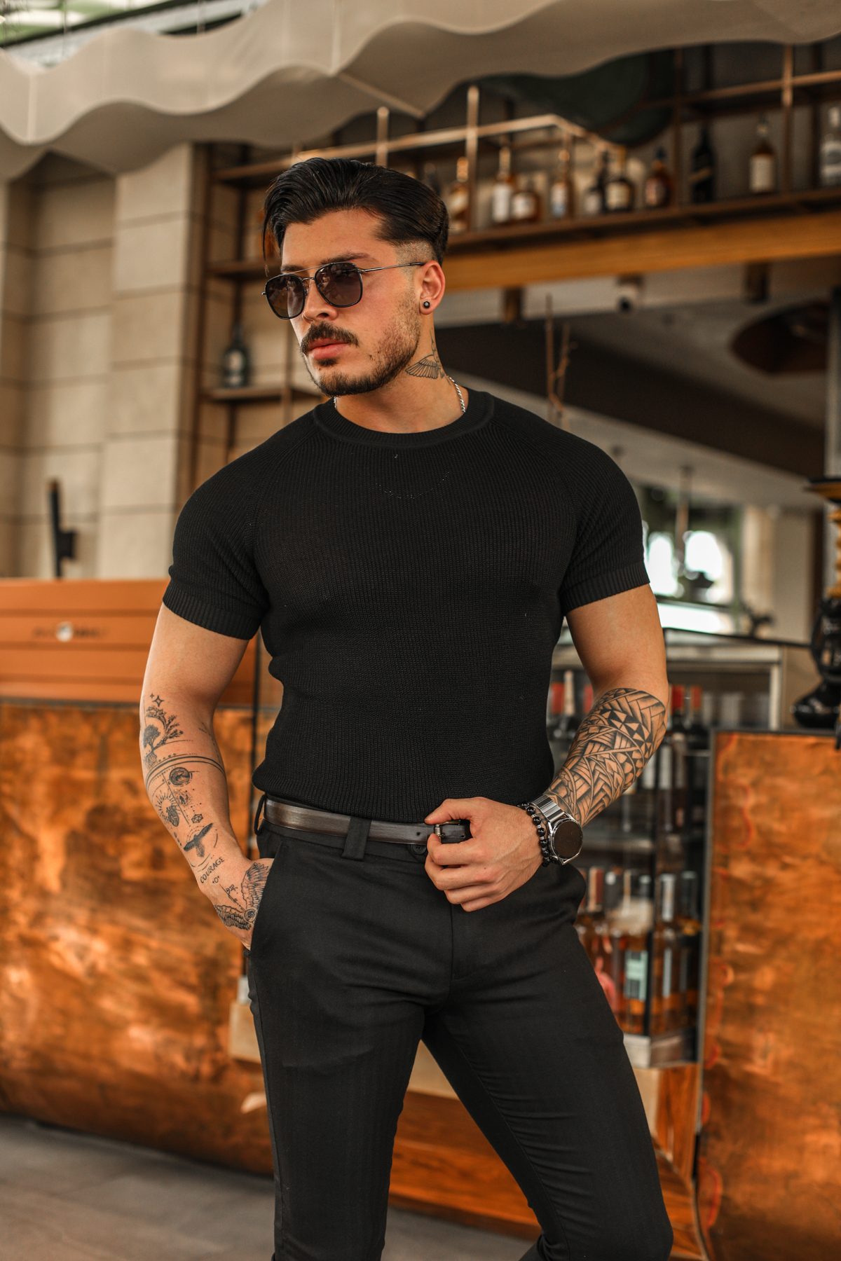Omuz Detay Triko Tshirt Siyah