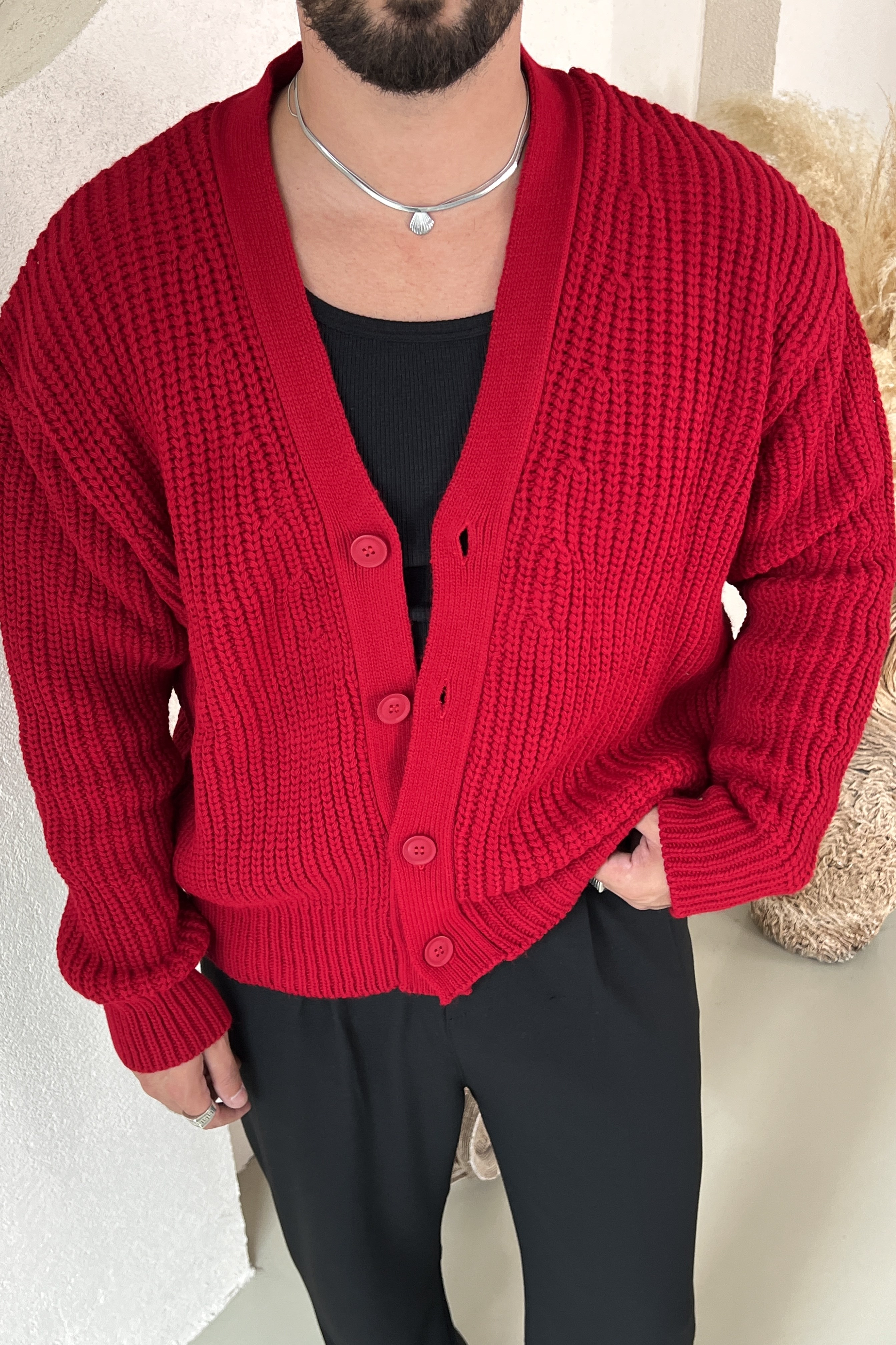 Örgülü Oversize Hırka Kırmızı