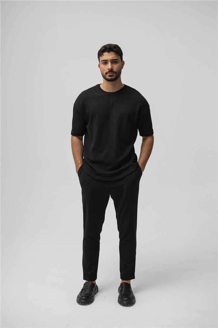 Örgülü Oversize T-Shirt Siyah