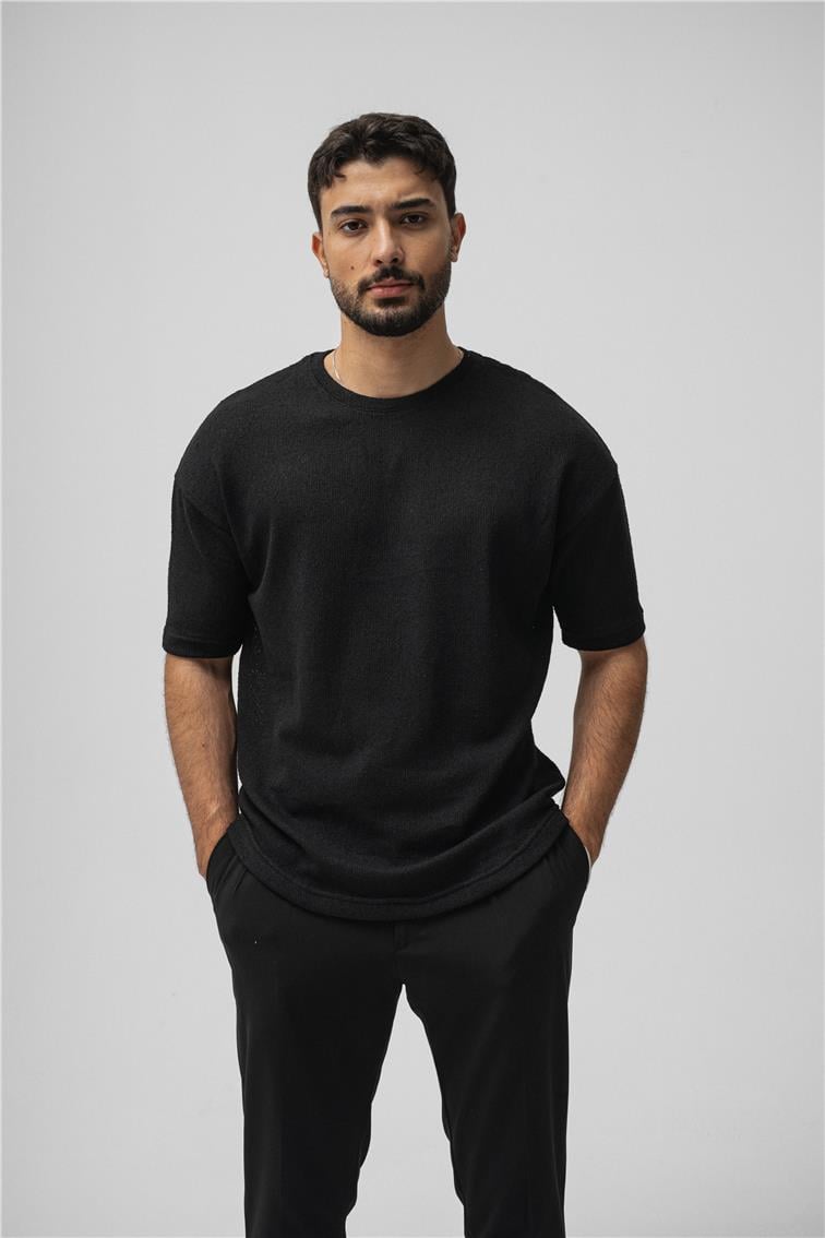 Örgülü Oversize T-Shirt Siyah