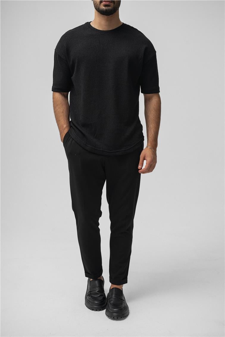 Örgülü Oversize T-Shirt Siyah