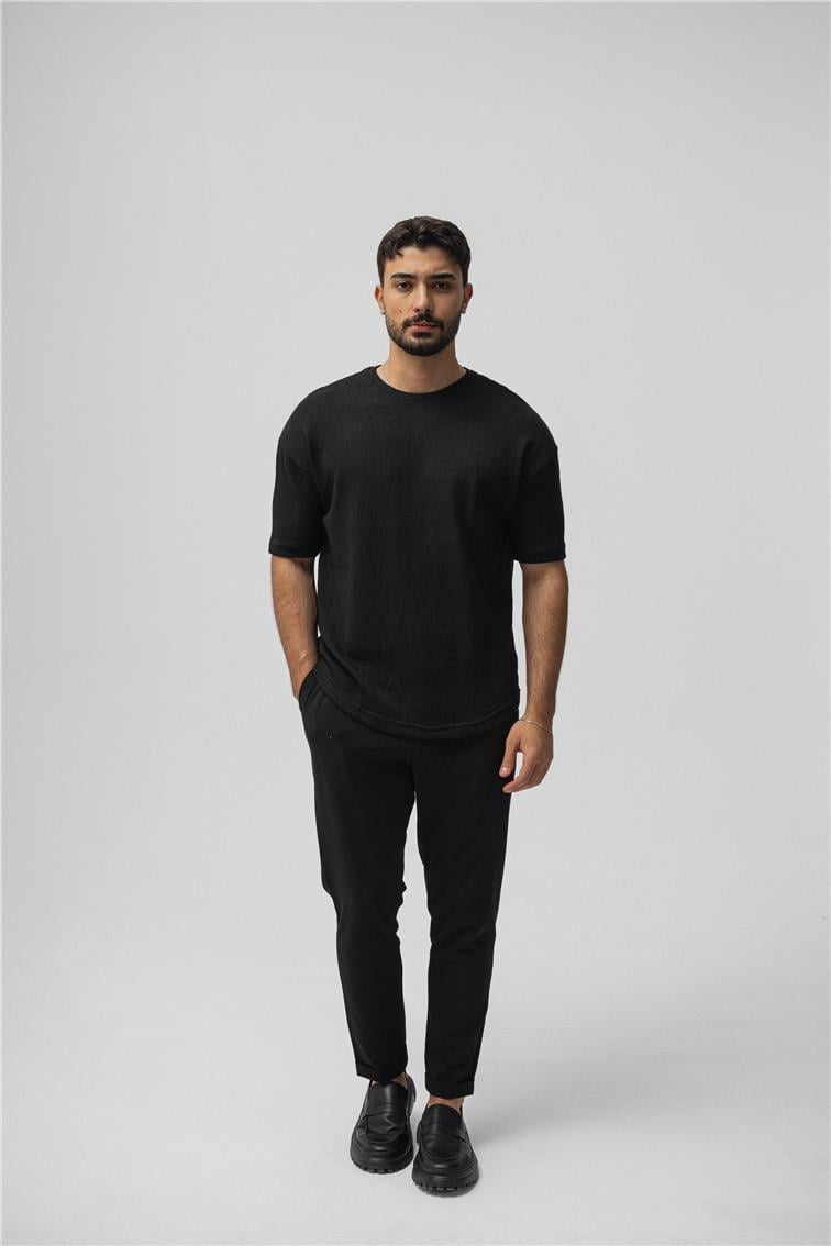 Örgülü Oversize T-Shirt Siyah