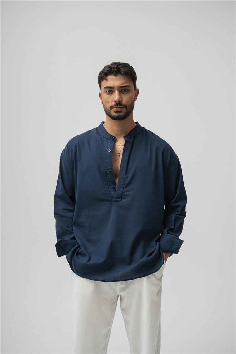 Oversize Keten T-Shirt Lacivert