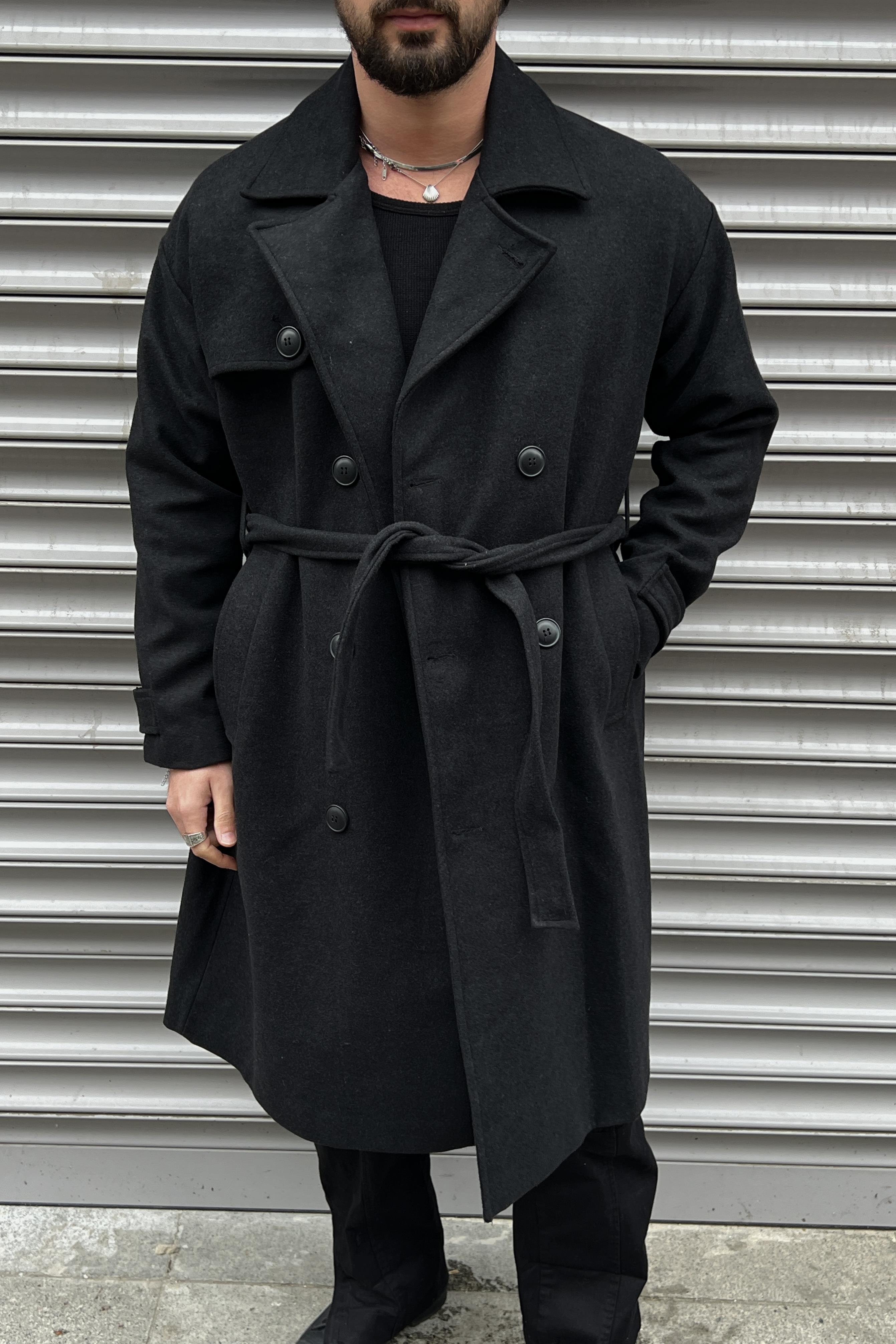 Oversize  Kol Detay Kaşe Kaban Siyah