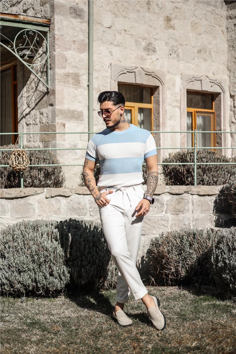 Paralel Örme Triko T-Shirt Açık Mavi