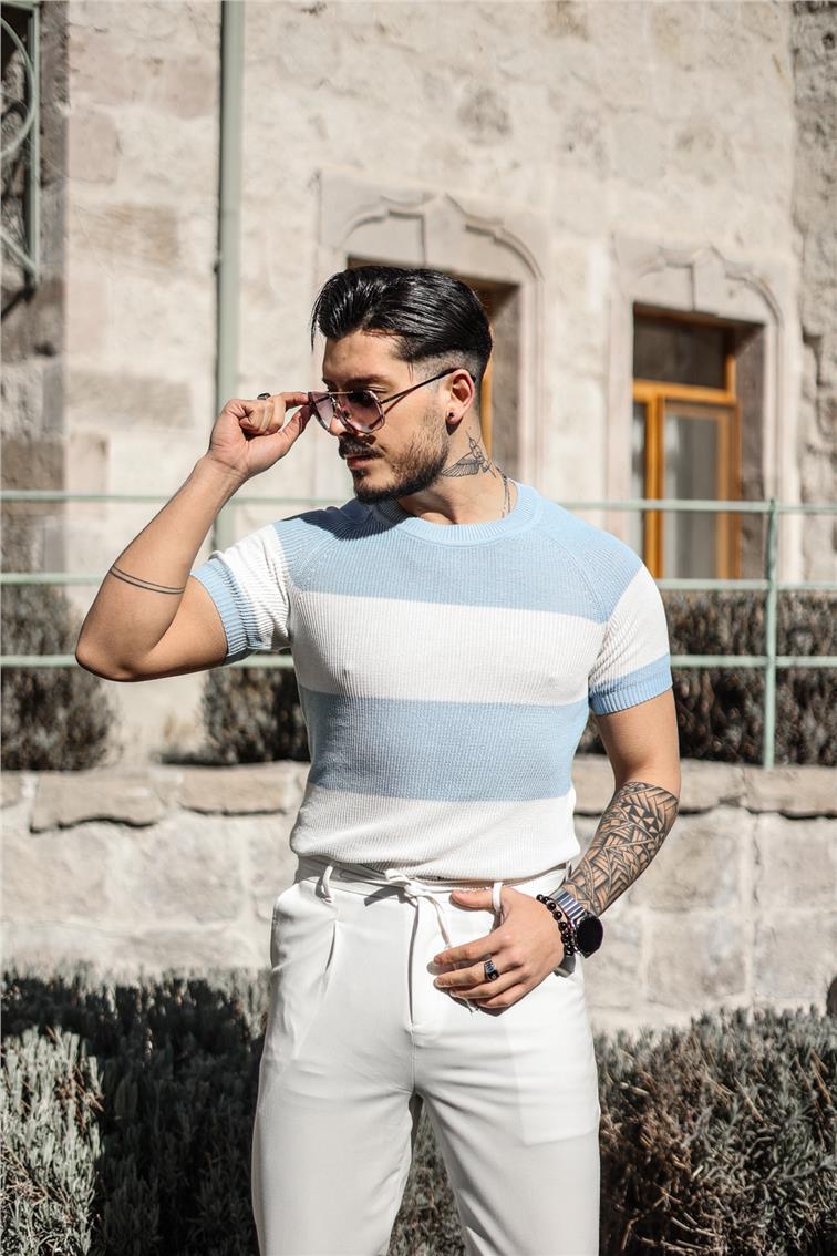Paralel Örme Triko T-Shirt Açık Mavi