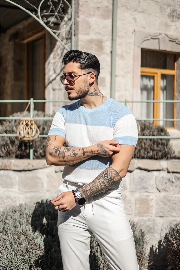 Paralel Örme Triko T-Shirt Açık Mavi