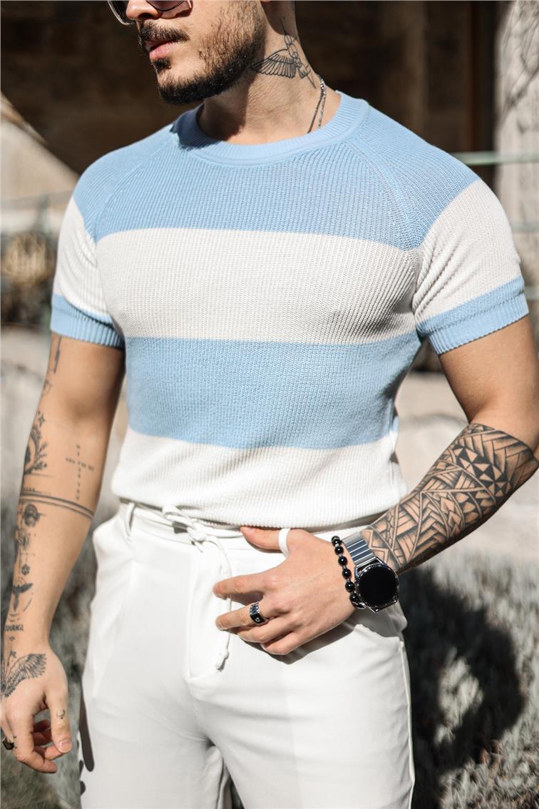 Paralel Örme Triko T-Shirt Açık Mavi