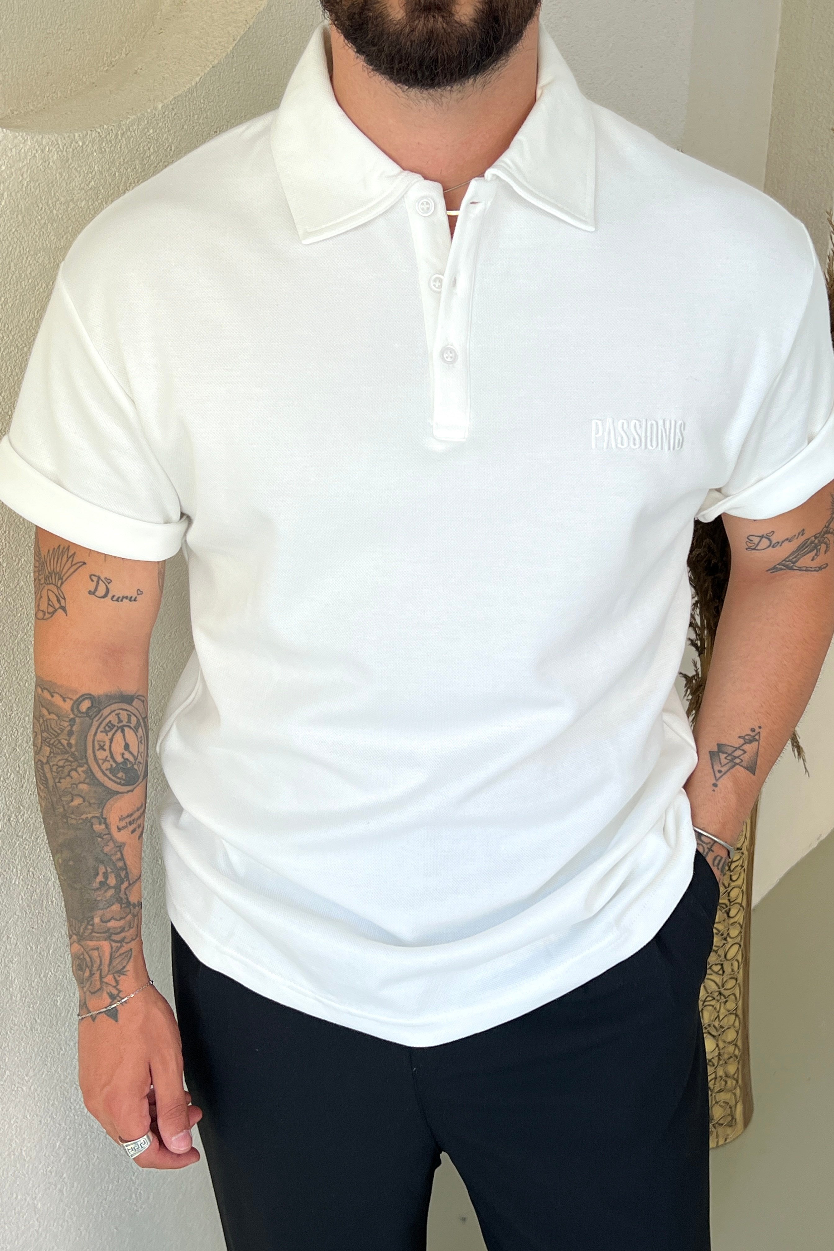 Passionis Nakış Detay Polo Yaka Tshirt Beyaz