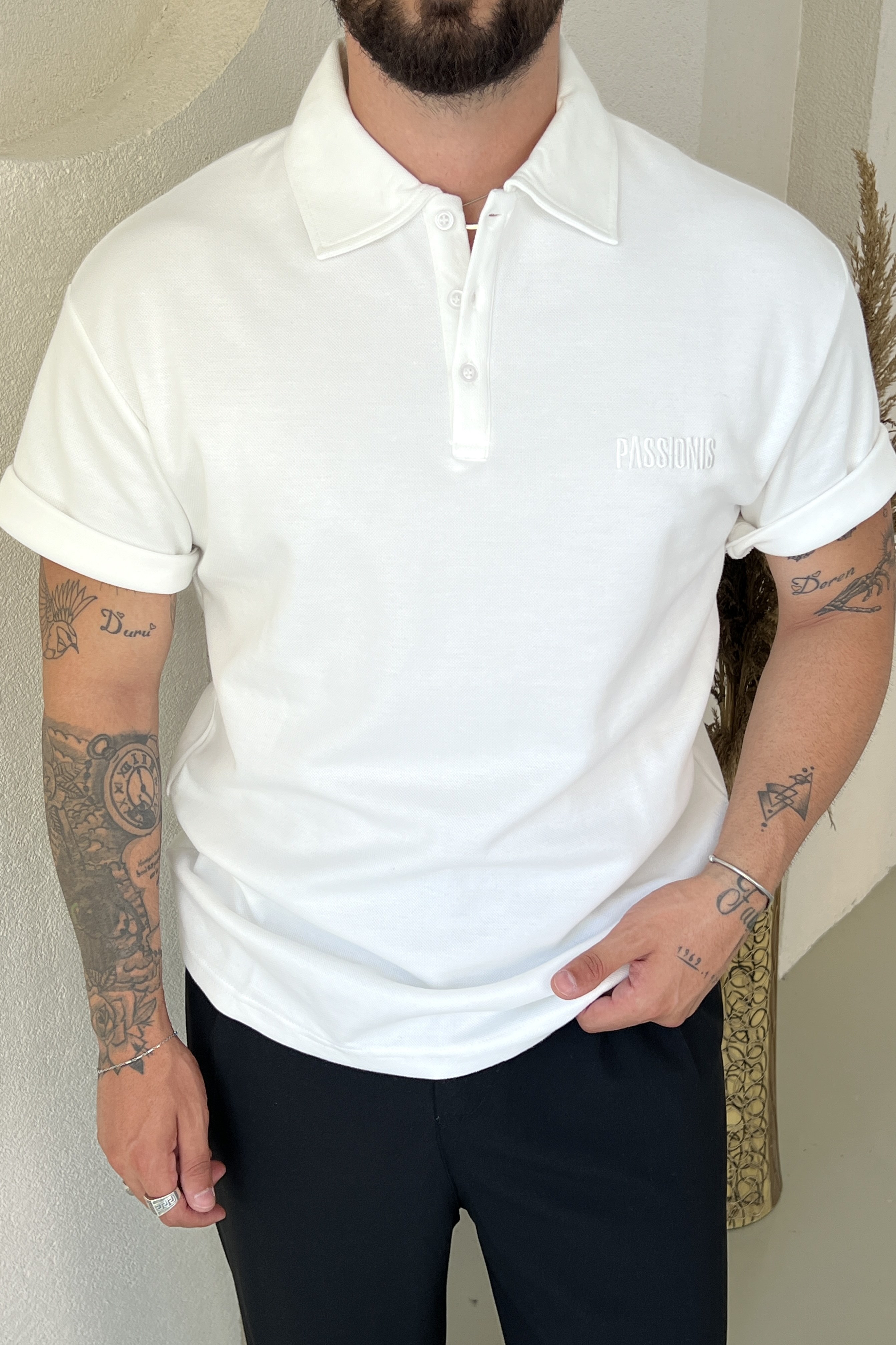 Passionis Nakış Detay Polo Yaka Tshirt Beyaz