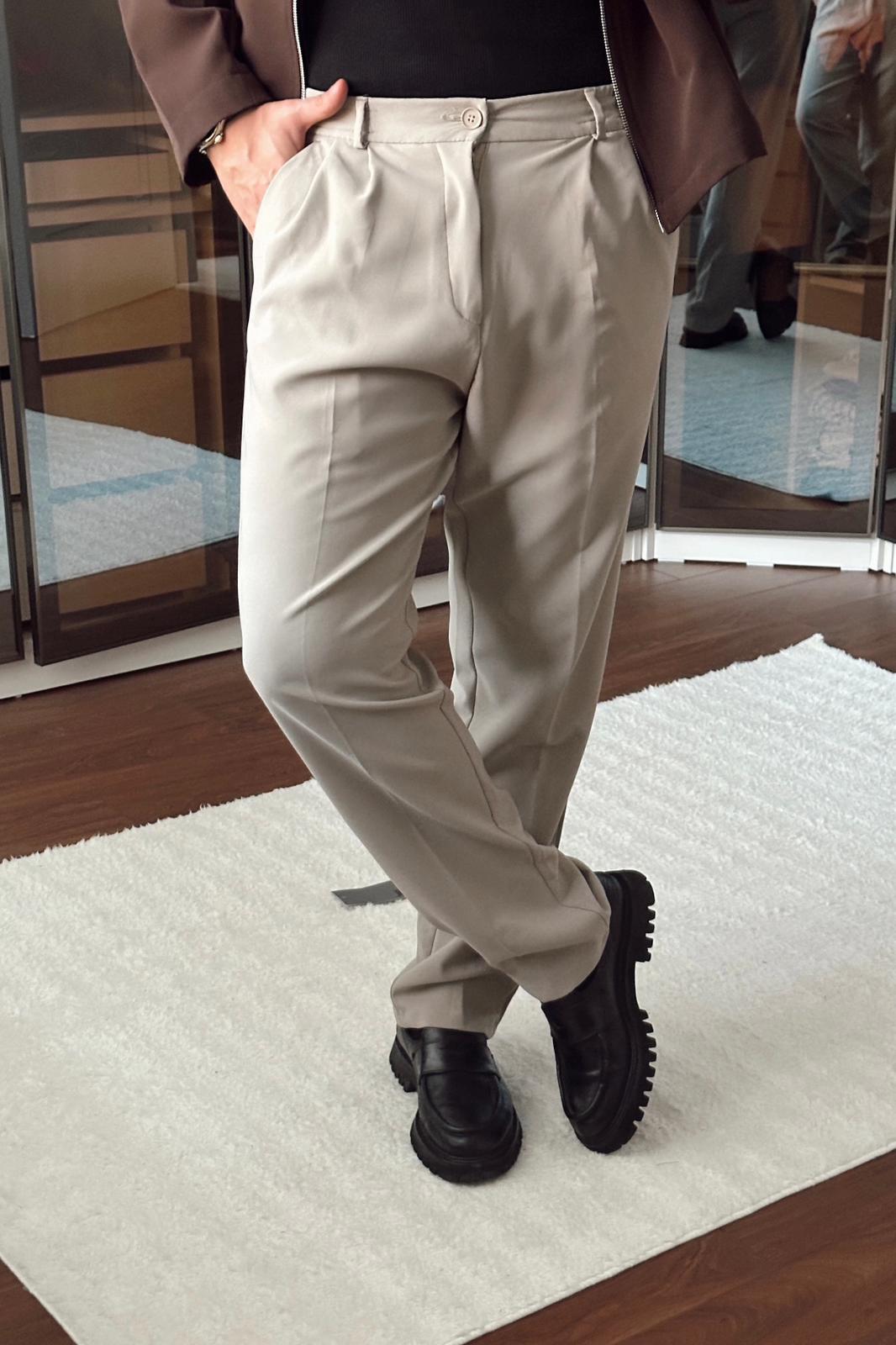 Pileli Bol Basic Pantolon Krem