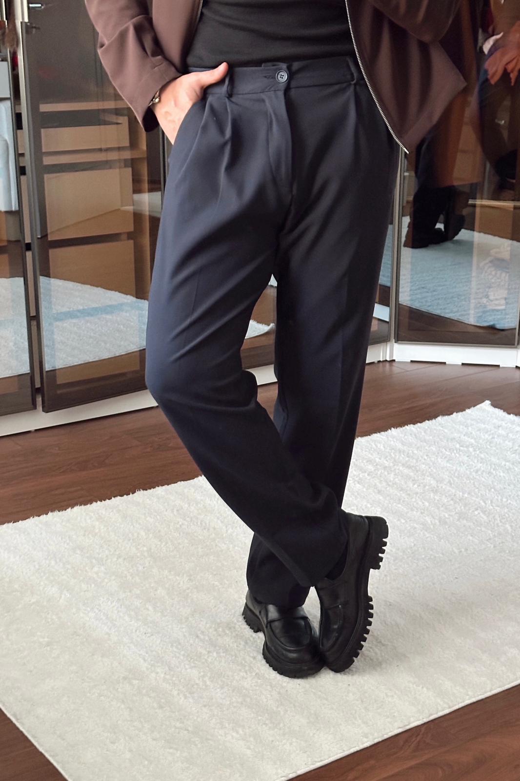 Pileli Bol Basic Pantolon Lacivert