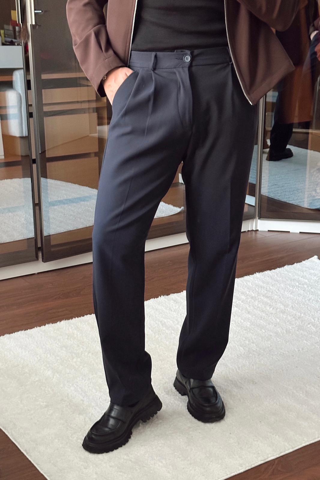 Pileli Bol Basic Pantolon Lacivert