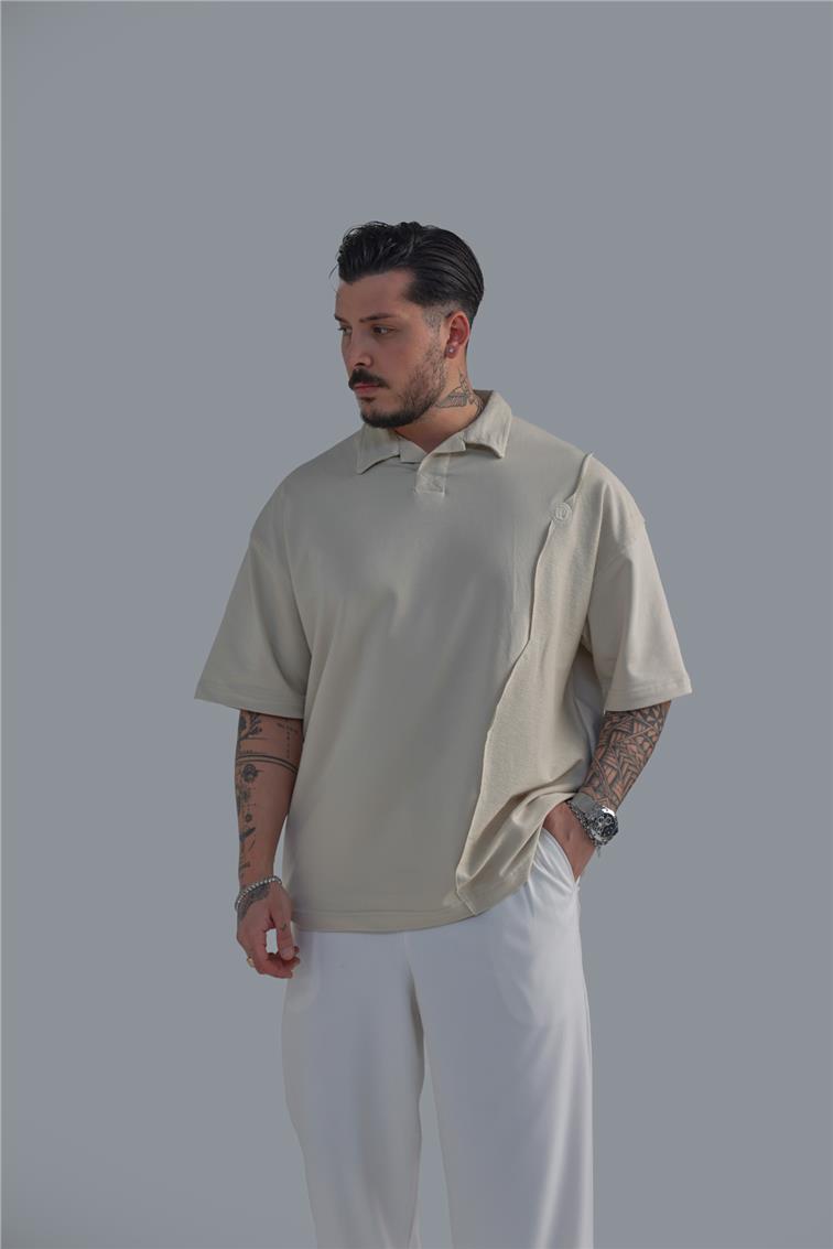 Polo Yaka Bol Kalıp T-Shirt Bej