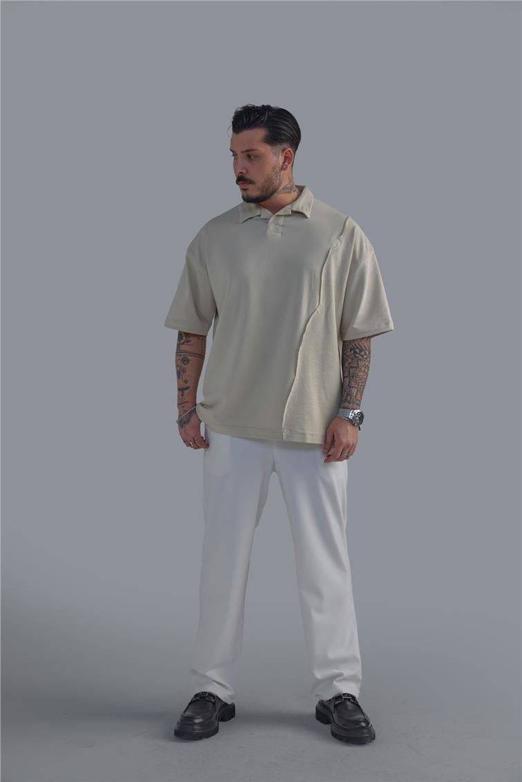 Polo Yaka Bol Kalıp T-Shirt Bej