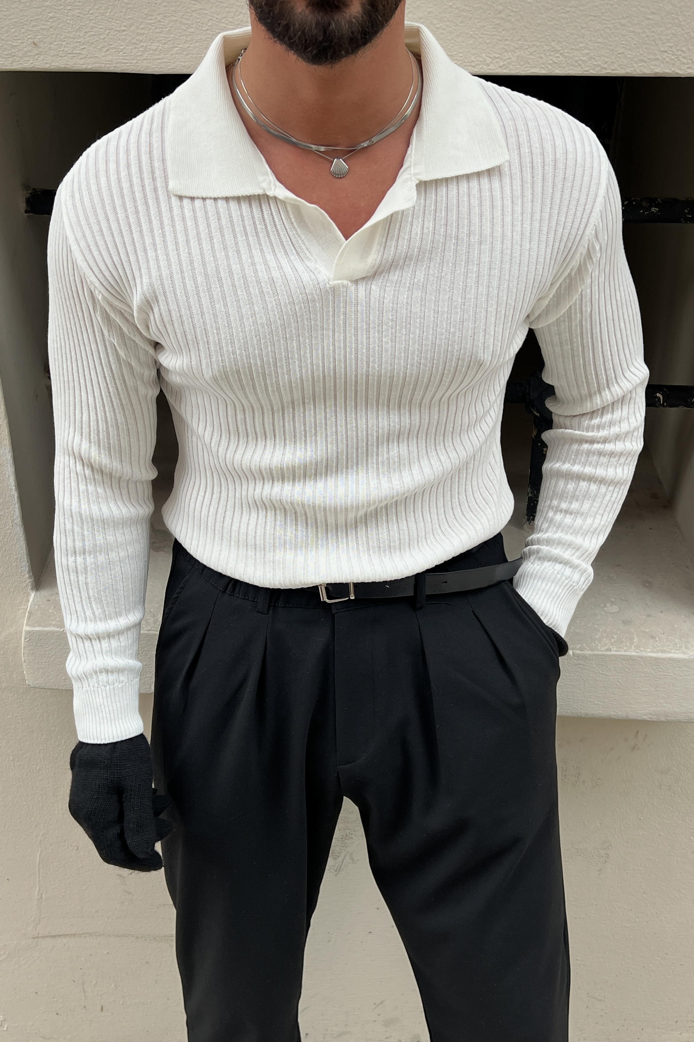 Polo Yaka Fitilli Slim Triko Kazak Beyaz