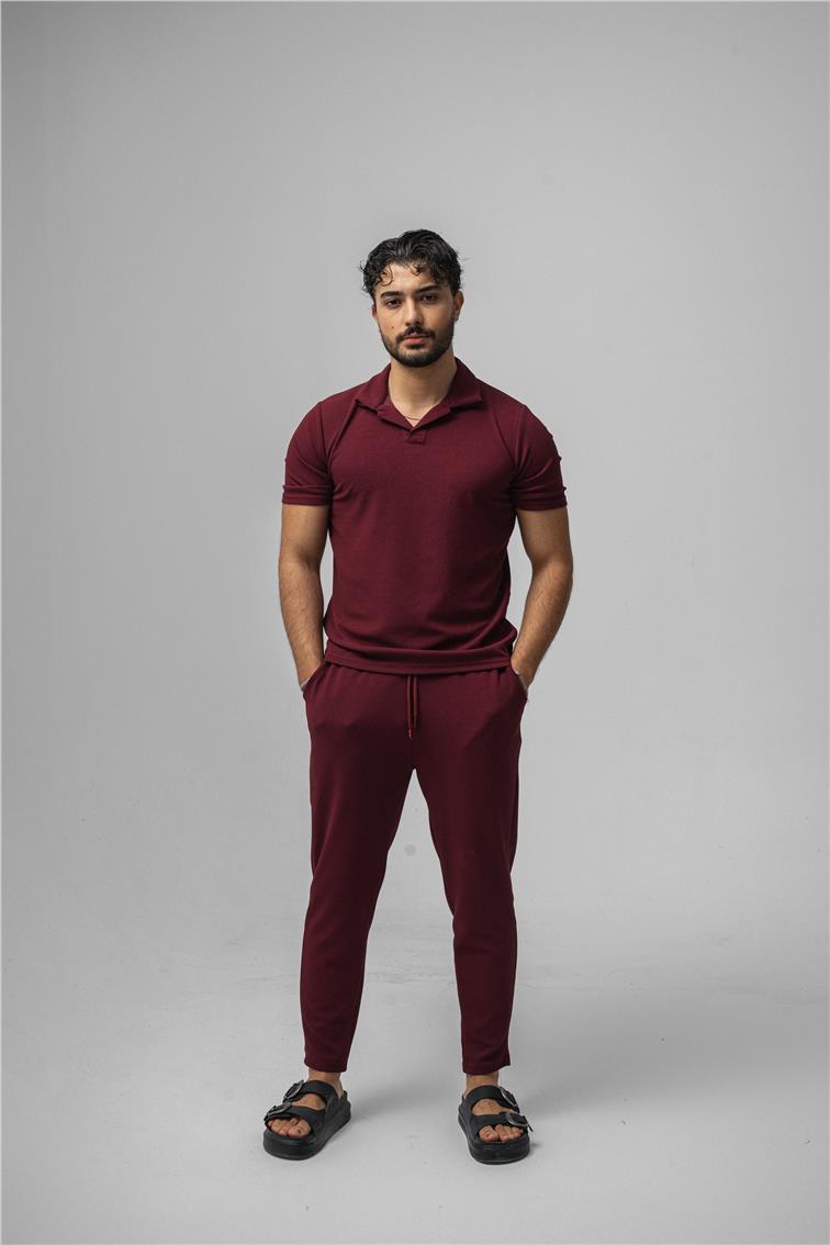 Polo Yaka Gizli Kabartma T-Shirt Bordo