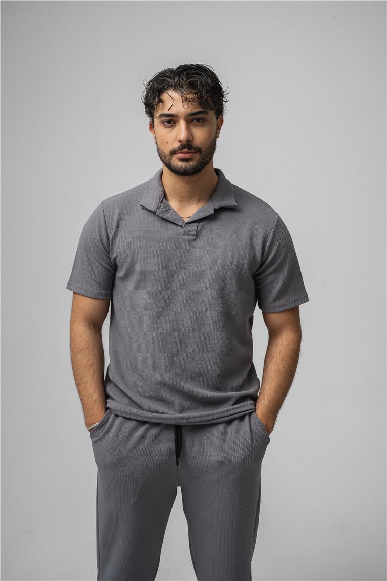 Polo Yaka Gizli Kabartma T-Shirt Gri