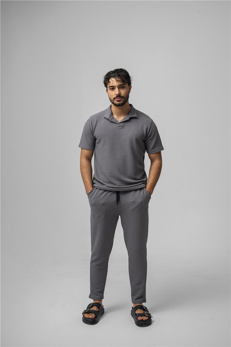 Polo Yaka Gizli Kabartma T-Shirt Gri