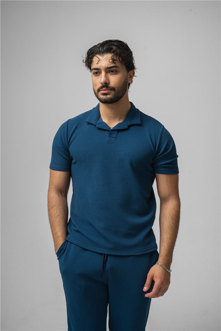 Polo Yaka Gizli Kabartma T-Shirt Lacivert