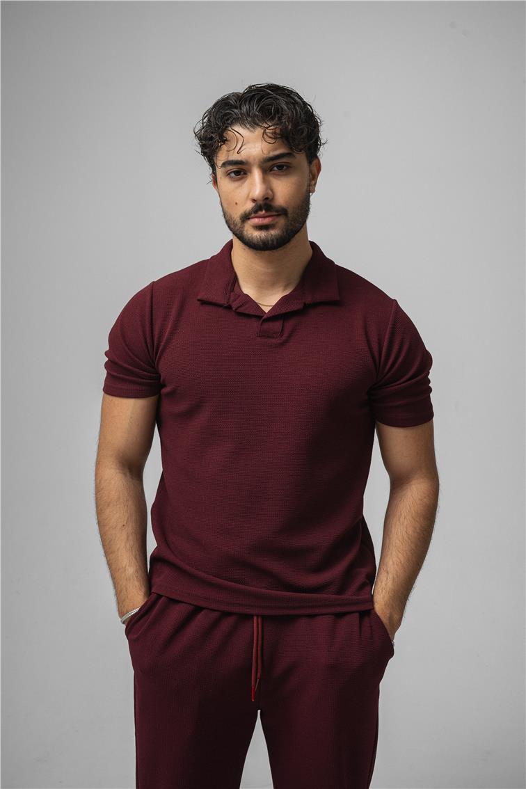 Polo Yaka Gizli Kabartma T-Shirt Mürdüm