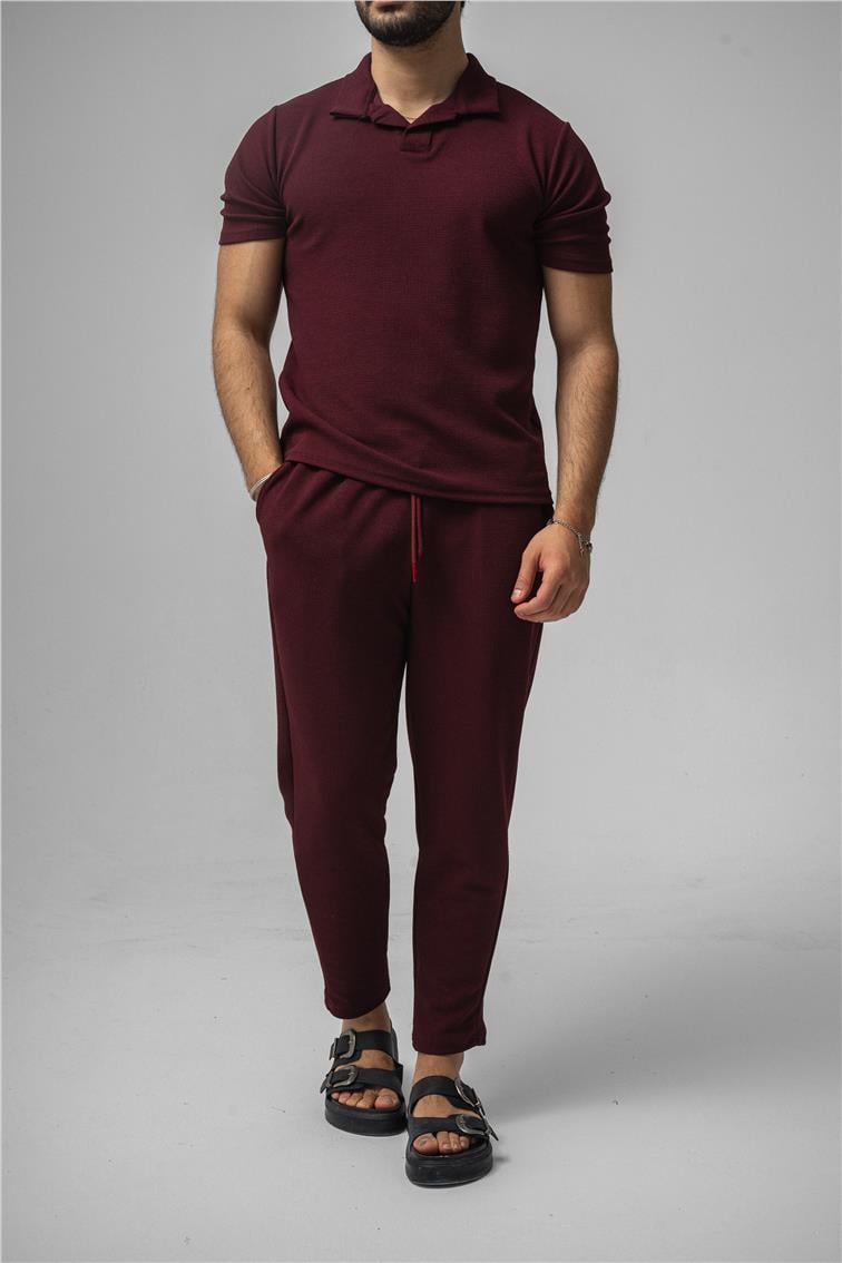 Polo Yaka Gizli Kabartma T-Shirt Mürdüm