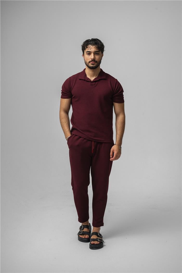 Polo Yaka Gizli Kabartma T-Shirt Mürdüm