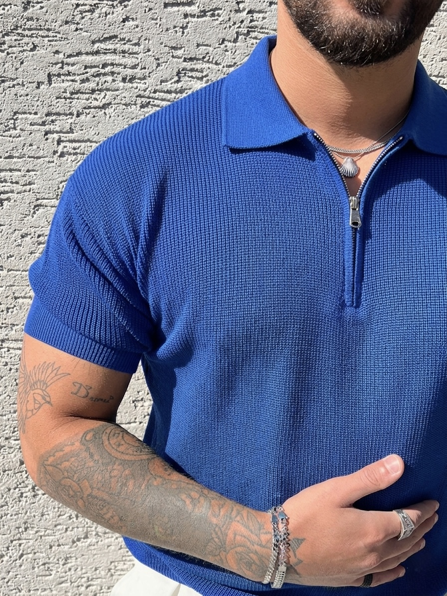 Polo Yaka Oversize Fermuarlı Triko Tshırt Mavi