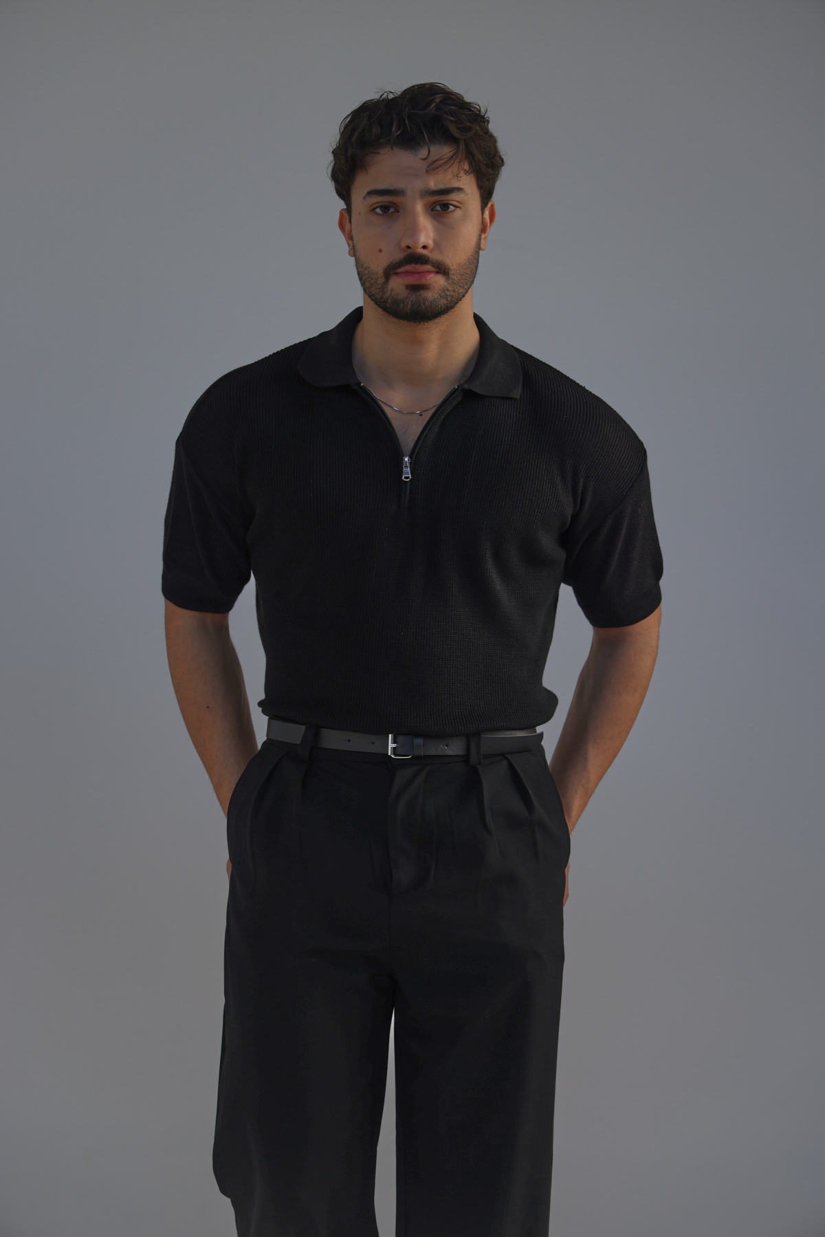 Polo Yaka Oversize Fermuarlı Triko Tshırt Siyah