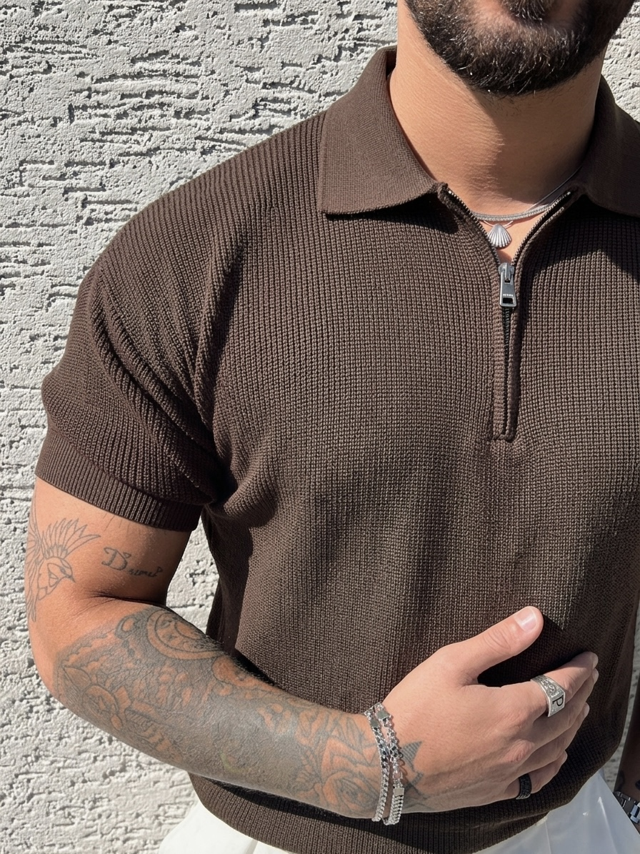 Polo Yaka Oversize Fermuarlı Triko Tshırt Kahve