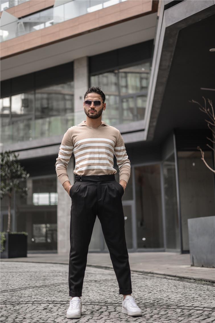 Polo Yaka Şeritli Triko Kazak Kum Beji