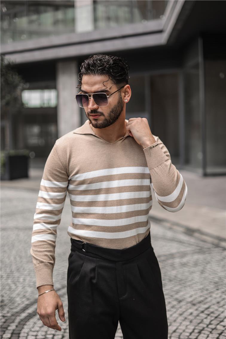 Polo Yaka Şeritli Triko Kazak Kum Beji