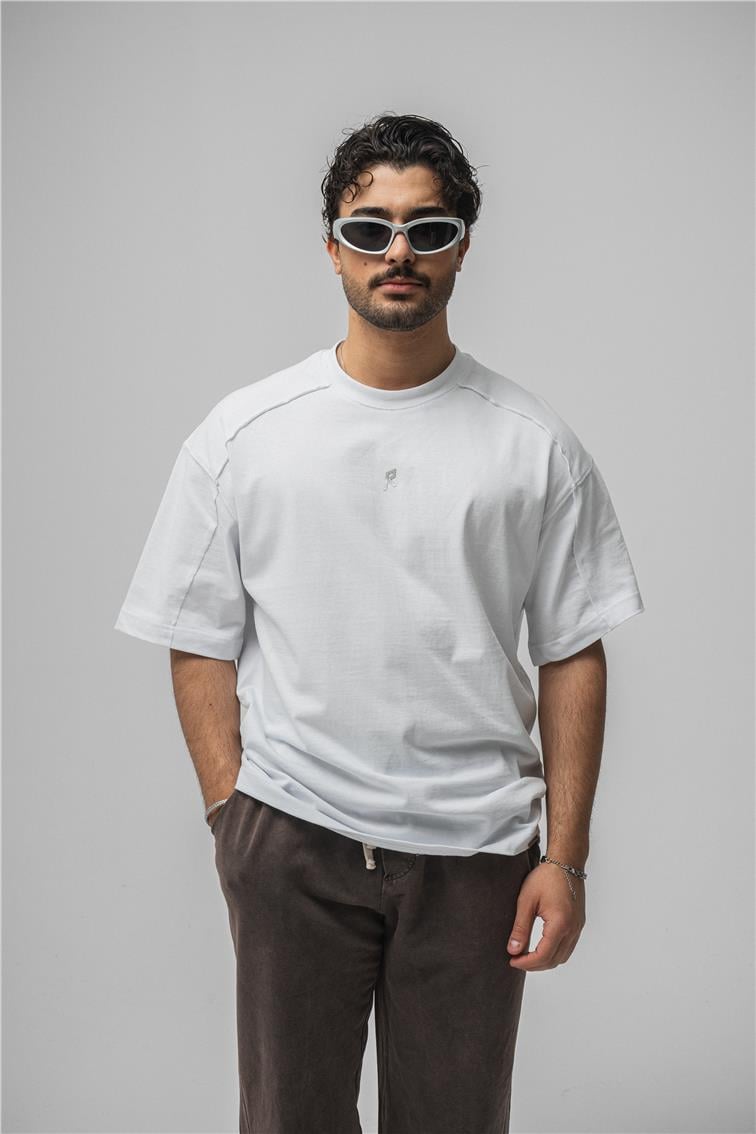 R Basıkılı Oversize T-Shirt Beyaz