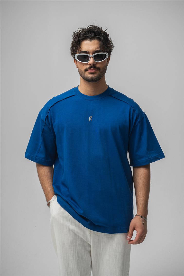 R Basıkılı Oversize T-Shirt Koyu Mavi