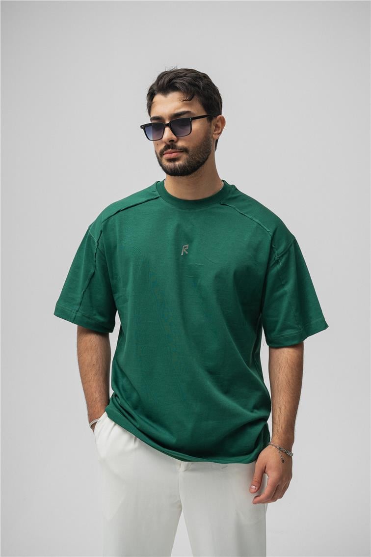 R Basıkılı Oversize T-Shirt Yeşil