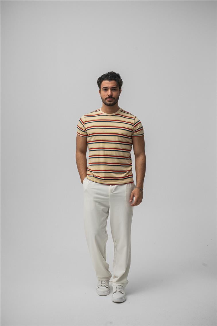 Rahat Kesim Çizgili T-Shirt Bej