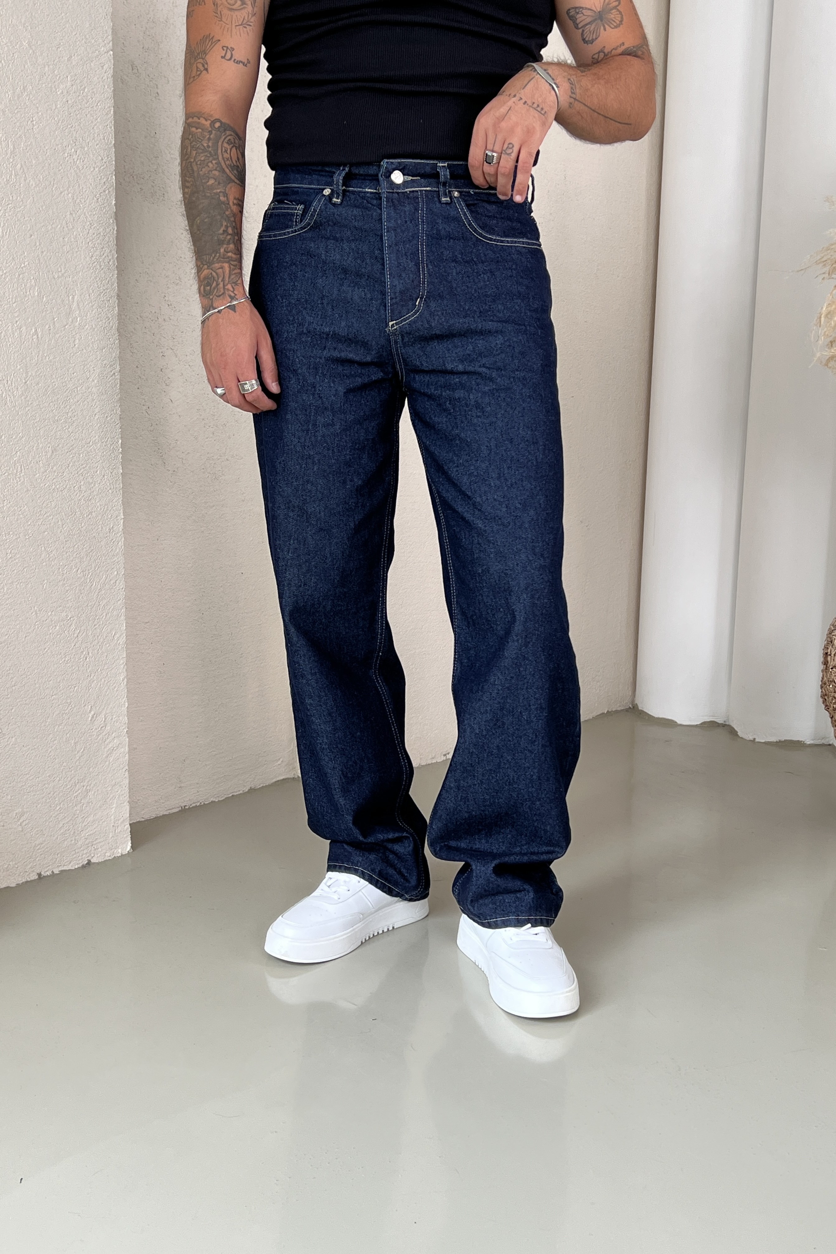 Regular Fit Dökümlü Jean Pantolon Lacivert