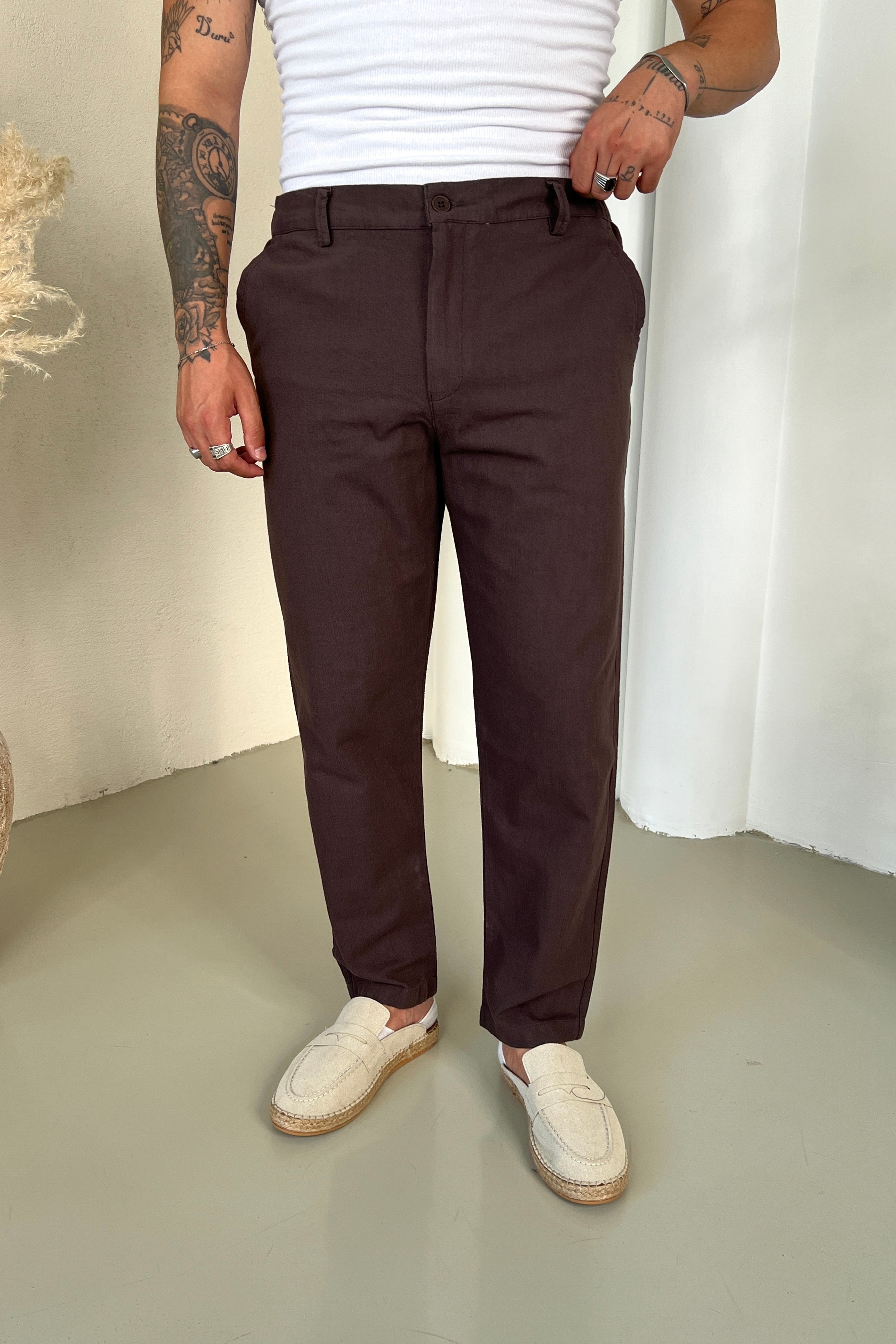 Regular Fit Keten Pantolon Kahve