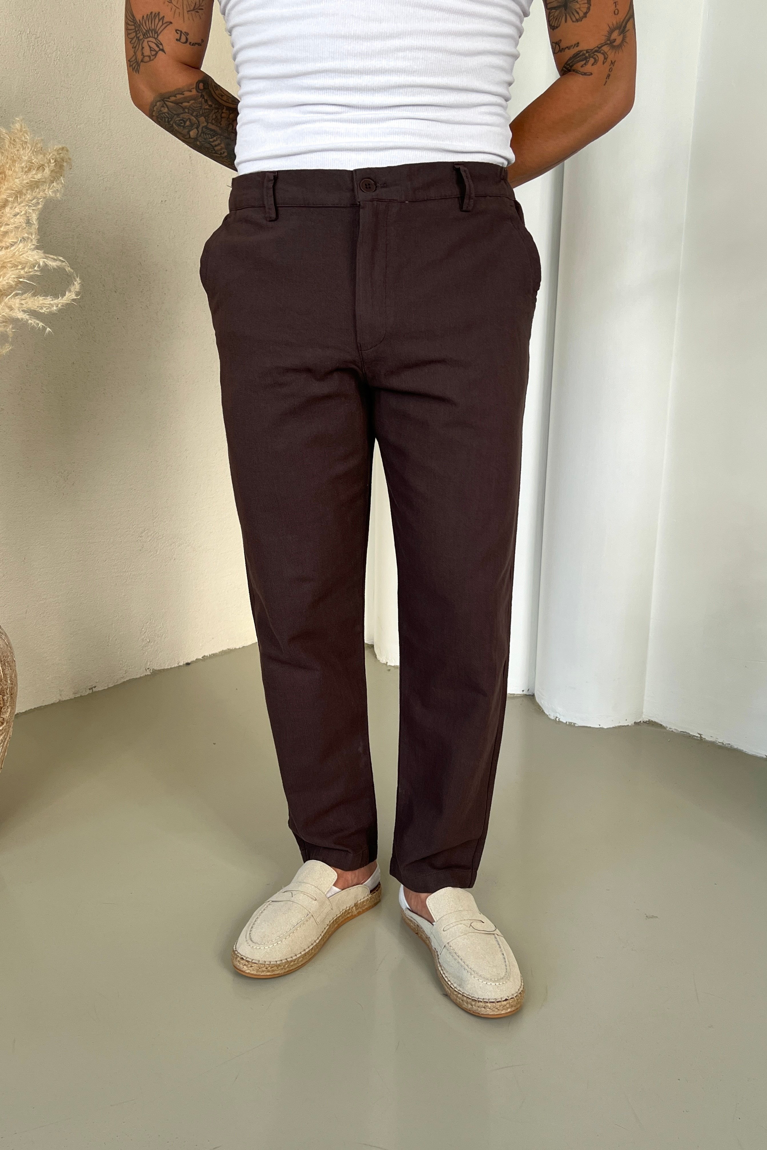 Regular Fit Keten Pantolon Kahve