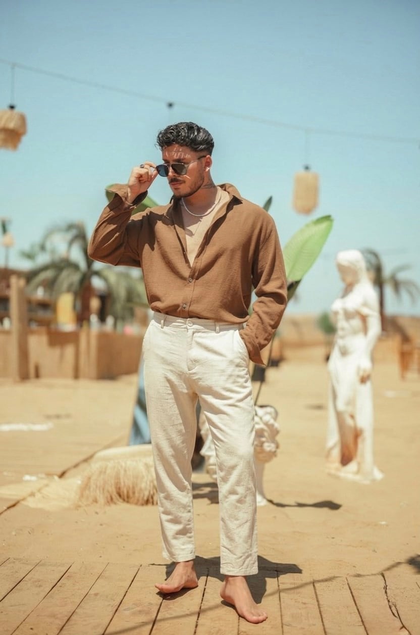 Regular Fit Keten Pantolon Krem