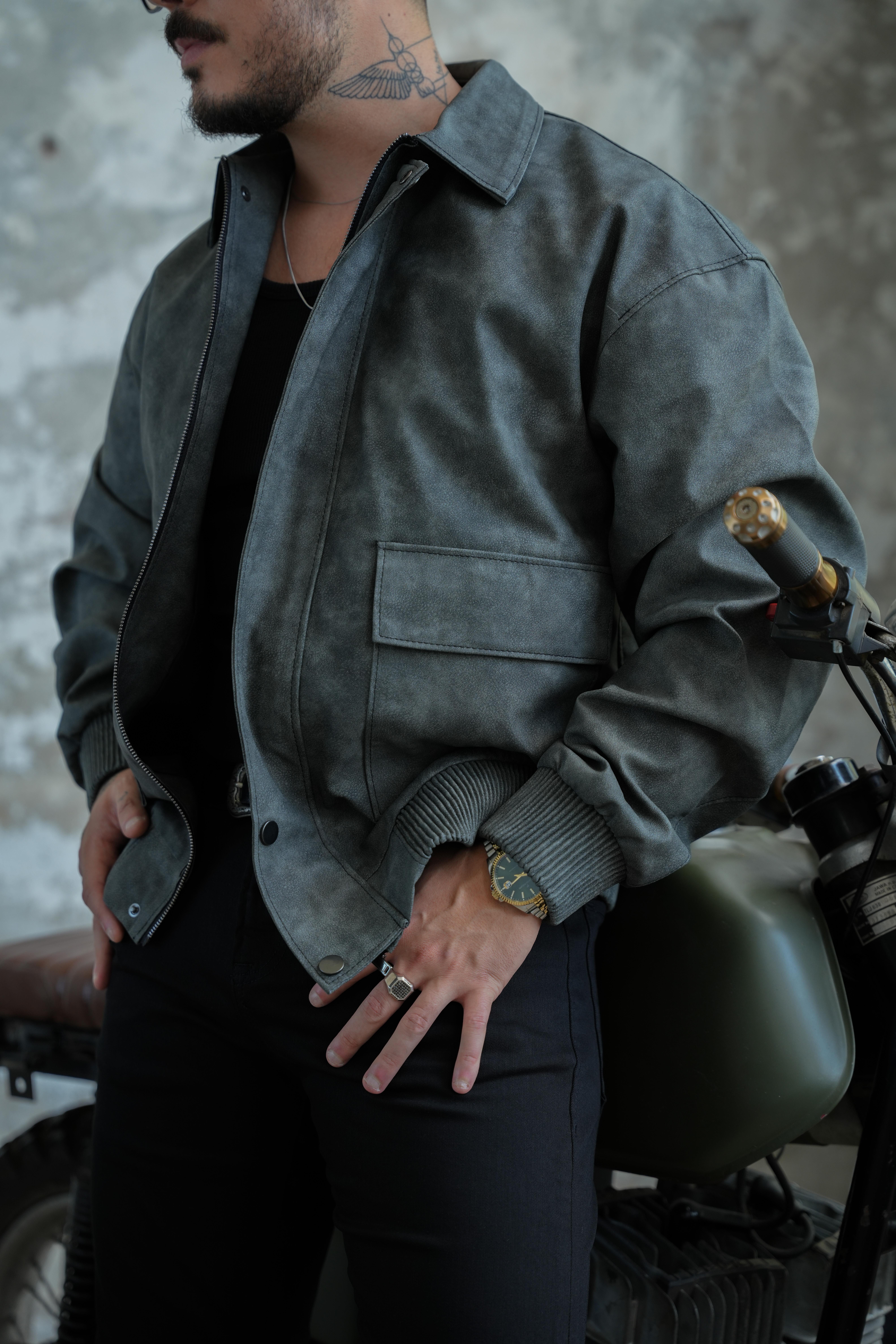 Retro Workwear Yıkamalı Kapak Cepli Deri Ceket Siyah