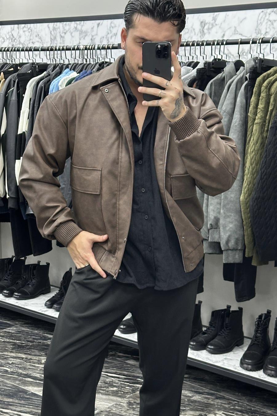 Retro Workwear Yıkamalı Kapak Cepli Deri Ceket Kahve