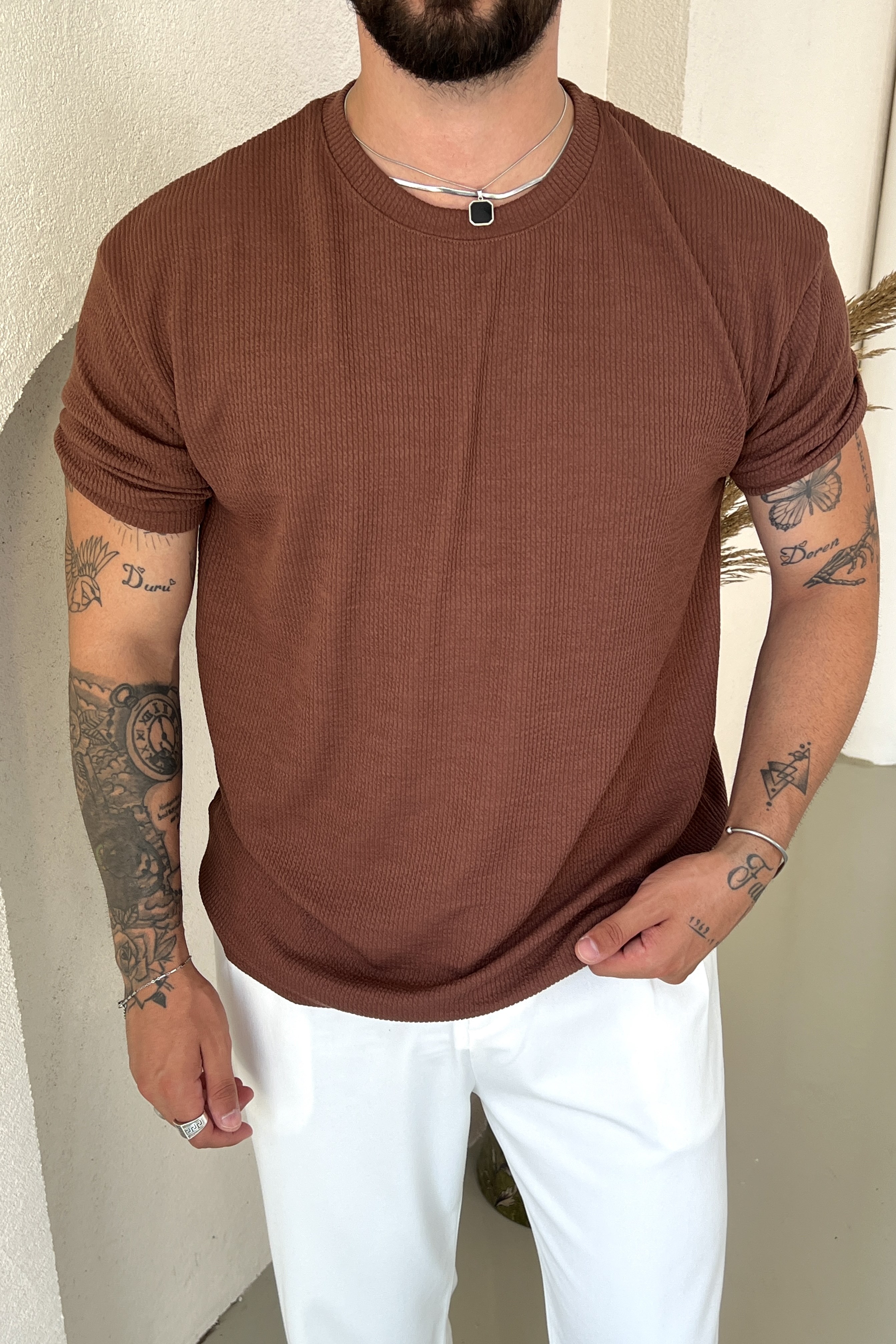 Ribbed Kolu Lastikli Fitilli Tshirt Kahve